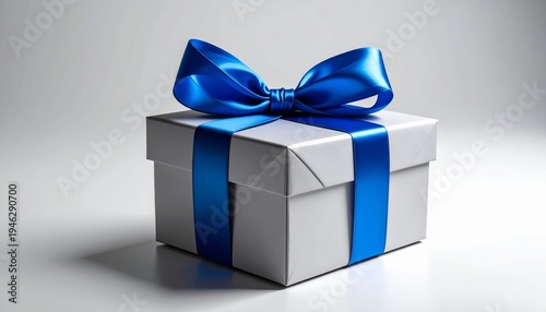 A beautifully wrapped blue gift box with a silk ribbon and decorative bow serves as an isolated holiday package for a Christmas surprise, birthday celebration, or anniversary present