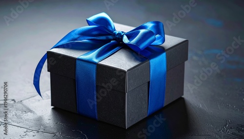 A beautifully wrapped blue gift box with a silk ribbon and decorative bow serves as an isolated holiday package for a Christmas surprise, birthday celebration, or anniversary present