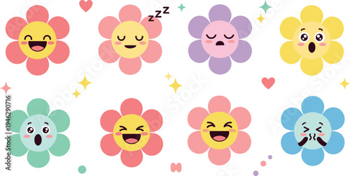 Cute flower emoji characters with different emotions, adorable kawaii floral faces expressing happiness, sleep, laughter and surprise cartoon illustration set