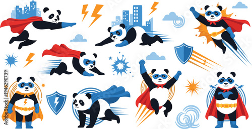 Cute Superhero Panda Character Set Flying with Cape, Power Shield, Lightning Energy and Action Poses Cartoon Vector Collection for Kids Design, Mascots, Comics and Stickers.