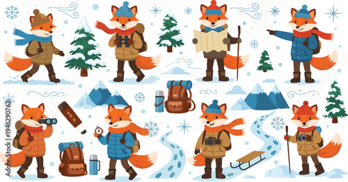 Cute Winter Fox Explorer Character Set with Snowy Forest, Mountains, Backpack, Map and Adventure Poses Cartoon Vector Illustration Collection for Travel and Camping Designs.
