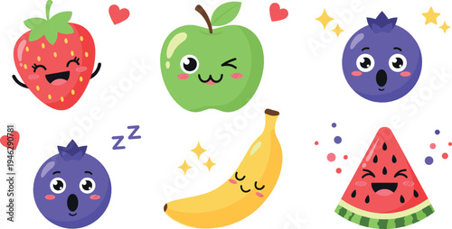 Cute fruit cartoon characters collection with strawberry, apple, blueberry, banana and watermelon, adorable kawaii food mascots illustration for kids design
