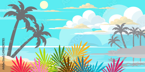 silhouette of coconut tree in flat style. illustration of palm tree in flat style. summer background. summer theme scenery	
