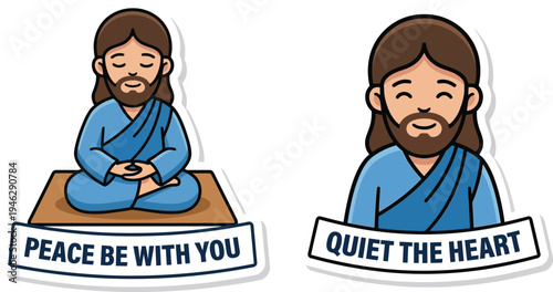 Adorable cartoon spiritual figure meditating and smiling, embodying faith and inner peace. Serene vector illustration.