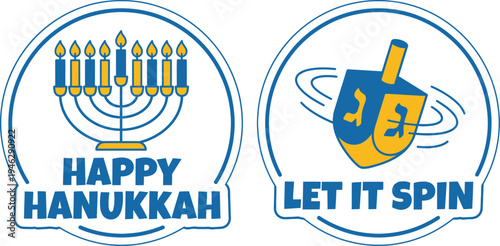 Adorable graphic illustrations for joyous Hanukkah, celebrating moments of faith with a glowing menorah and a spinning dreidel.