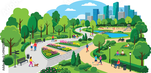 Vibrant cartoon illustration of a bustling public park, showcasing diverse activities like walking, jogging, and relaxing, with a modern cityscape in the background