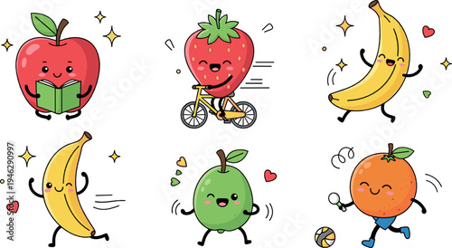 Cute fruit cartoon characters exercising and reading with apple, banana, strawberry, pear and orange, adorable healthy lifestyle kawaii food mascots illustration