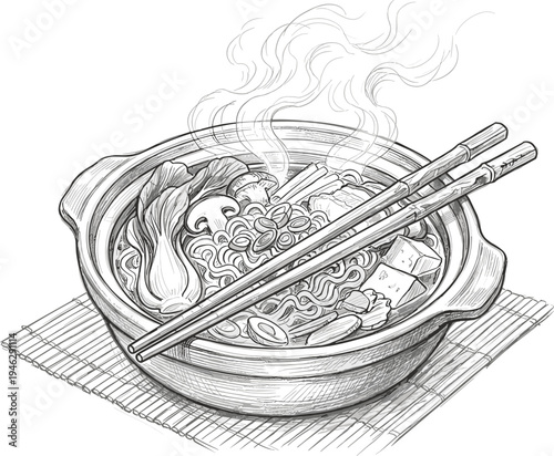 Hand-drawn sketch of steaming Asian noodle soup, featuring fresh vegetables, savory broth, and tofu, with chopsticks, offering a comforting and flavorful culinary experience