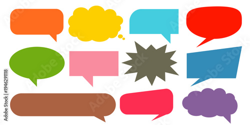 A simple design set of colorful message comment chat boxes. A collection of comic and social media speech bubbles, text boxes, and chat boxes. A vector set of comic and social media speech bubbles.
