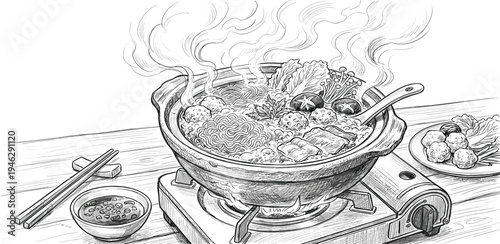 Captivating monochrome drawing of a steaming hotpot centerpiece, showcasing a delightful communal dining experience with fresh ingredients and aromatic vapor