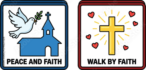 Adorable illustrations representing peace, spiritual guidance, and unwavering faith, featuring a church, a dove, and a radiant cross.