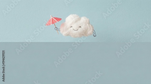 Smiling fluffy cloud with red umbrella on blue background, weather safety concept