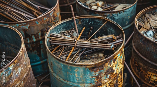 Rusty barrels filled with scrap metal and rods.