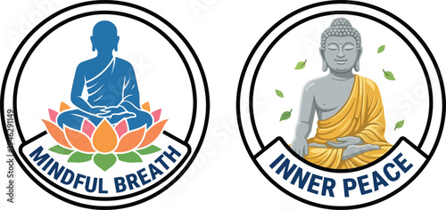 Adorable spiritual emblems depicting figures in meditation, fostering inner peace and mindful breath, inspiring faith and serenity.