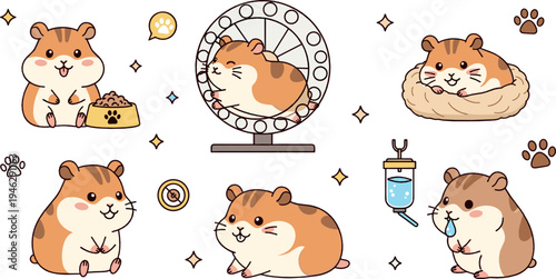 Cute hamster cartoon characters playing, eating and running in wheel, adorable kawaii pet rodent illustration set for kids design