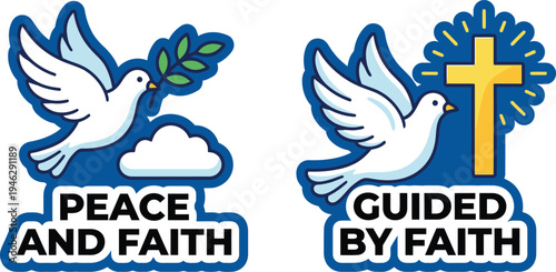 Adorable cartoon doves representing peace and spiritual guidance, symbolizing profound faith and hope in a serene, illustrative depiction.
