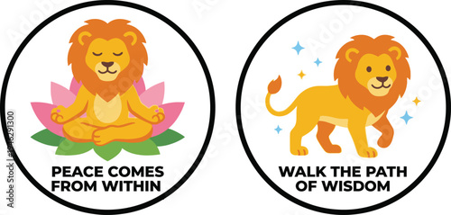 Adorable illustrations of cartoon lions embodying inner peace and wisdom, inspiring a personal journey of courage and faith.