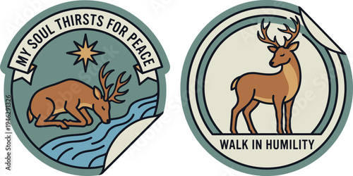 Adorable deer illustrations depicting spiritual messages of faith, peace, and humility in a serene natural setting