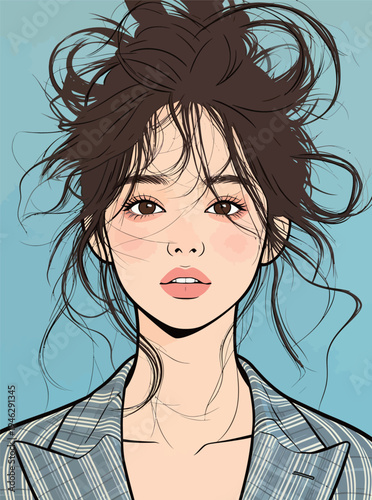 A young woman looks directly at the viewer with messy hair and a suit. She has a soft expression against a blue background.