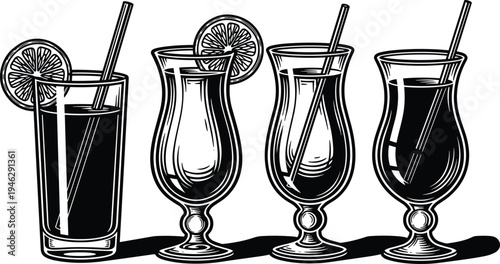 Set of black and white tropical cocktail glass vector illustrations with straws and orange slices for summer 