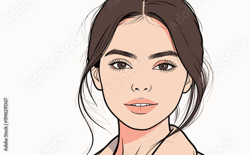 A young woman with long hair smiles at the viewer in a simple art style. She has clear features and a warm expression on her face.