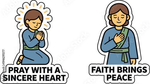 Adorable cartoon illustrations depicting moments of prayer and peace, symbolizing the power of sincere faith and heartfelt devotion
