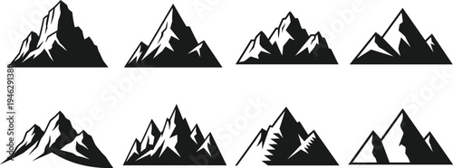 Set of black mountain peak silhouettes and rocky hill icons with snow capped summits isolated on white background for outdoor adventure and climbing logo design