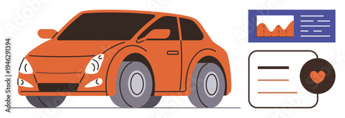 Automotive analytics, car technology, data visualization, smart vehicles, user interface design, vehicle tracking. Orange compact car with dashboard and social engagement card. Automotive analytics