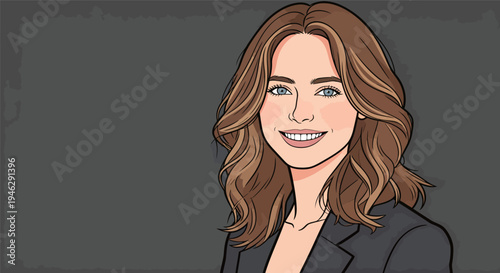 A woman with long brown hair smiles while wearing a black jacket. The setting is a studio with a gray background.