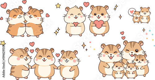 Cute hamster family and couples with hearts, adorable kawaii rodents hugging and showing love cartoon illustration set for Valentine design