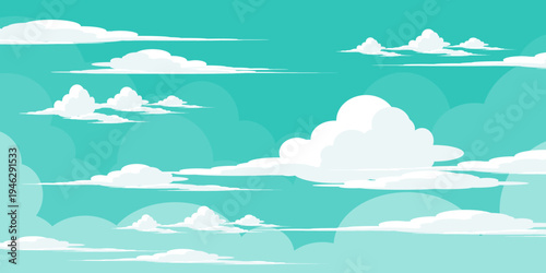 Illustration of a blue sky with white clouds in a flat style. Blue sky background and white clouds. Cartoon sky	
