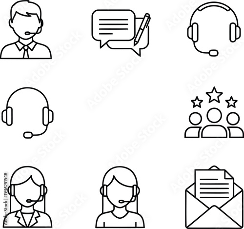 Customer Support and Call Center Service Line Icons with Agents Headsets and Communication Tools