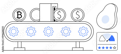 Cryptocurrency concept. Bitcoin and financial symbols on a conveyor belt system crypto transactions. Cryptocurrency innovations for fintech, automation, blockchain, trading, finance