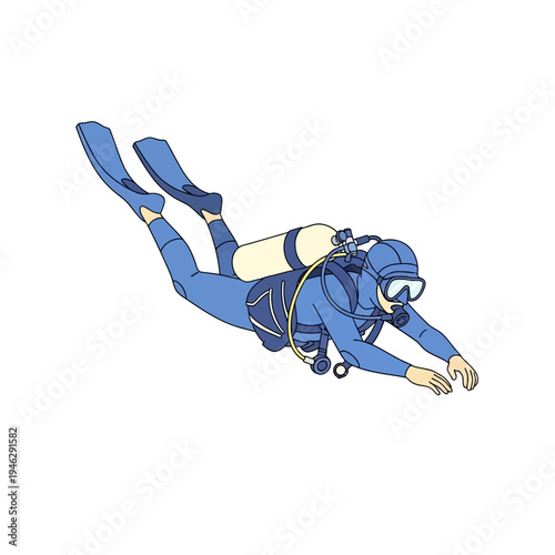 Scuba diver swimming underwater with scuba gear, blue wetsuit, fins, mask