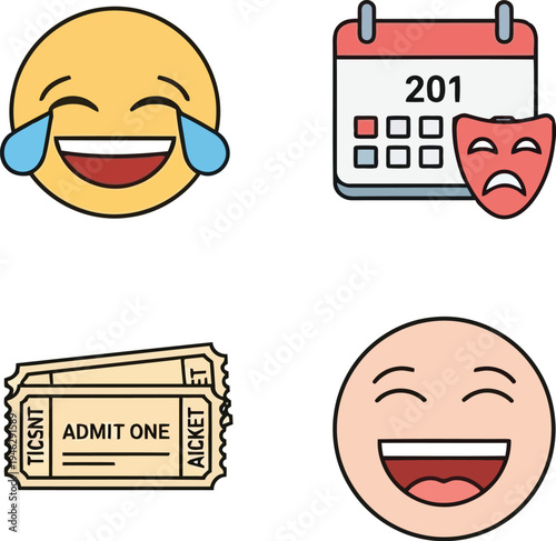 Entertainment and Comedy Show Icon Set with Laughing Emoji Theater Tickets and Event Calendar