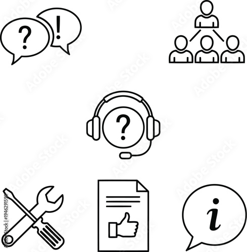Technical Support and Customer Help Line Icons with Tools Question Marks and Team Hierarchy