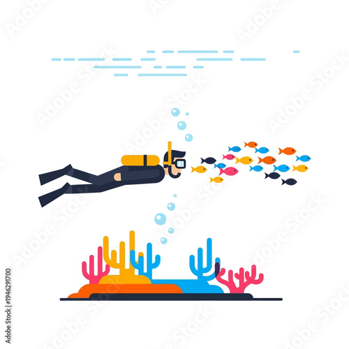 Scuba diver swimming with colorful fish school over coral reef underwater