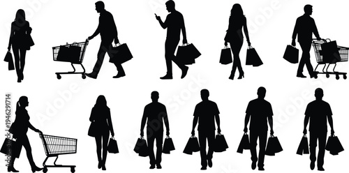 Cad drawing flat vector illustration of people silhouettes shopping with bags and carts, featuring various men and women walking together.