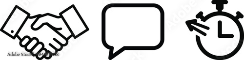 Business interaction icons showing handshake agreement speech bubble and stopwatch for timing