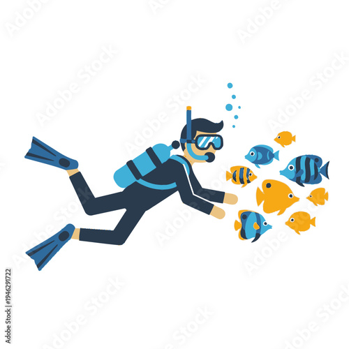 Scuba diver swimming with colorful tropical fish underwater, ocean exploration