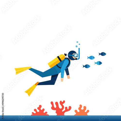 Scuba diver swimming with fish near coral reef in blue ocean water