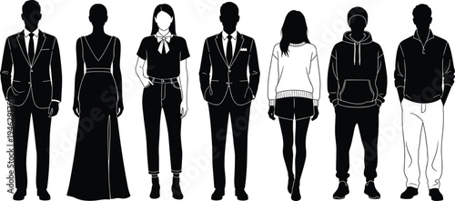 Set of diverse people silhouettes featuring men in business suits and casual wear alongside women in formal evening gowns and trendy modern fashion outfits.