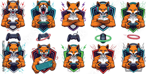 Fox Gamer Mascot Character Set with Headphones, Game Controllers, Keyboard and Esports Shield Emblems Cartoon Vector Illustration Collection for Gaming Teams and Streamers.