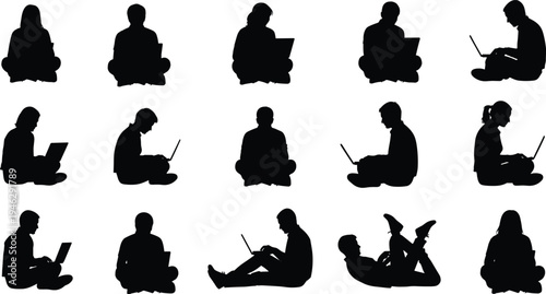 Cad drawing flat vector illustration of people silhouettes sitting and lying on floor using laptops for work, study, and leisure.