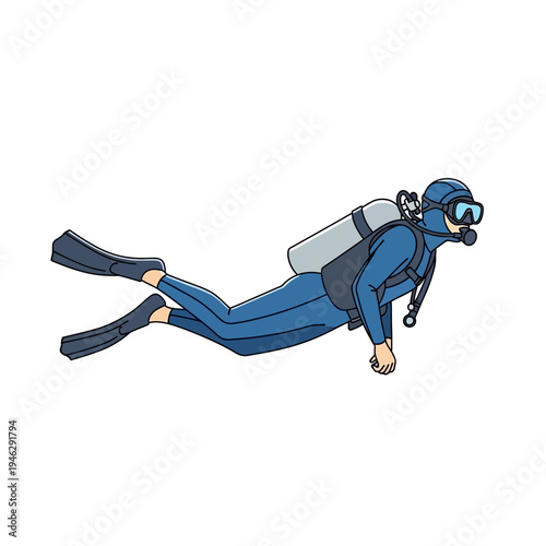 Scuba Diver Underwater Blue Wetsuit Flippers Mask Snorkel Gear