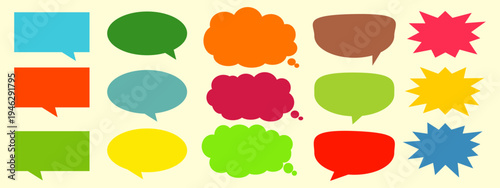 A simple design set of colorful message comment chat boxes. A collection of comic and social media speech bubbles, text boxes, and chat boxes. A vector set of comic and social media speech bubbles.