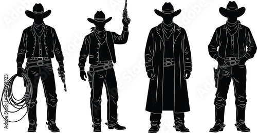 Set of four black cowboy silhouettes featuring western outlaws wearing hats and bandanas holding lasso rope and revolvers wearing long duster coats on white background
