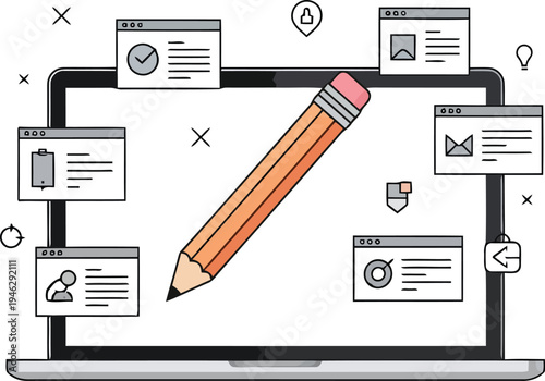 Digital Content Creation Concept with Laptop, Giant Pencil, and User Interface Window Elements