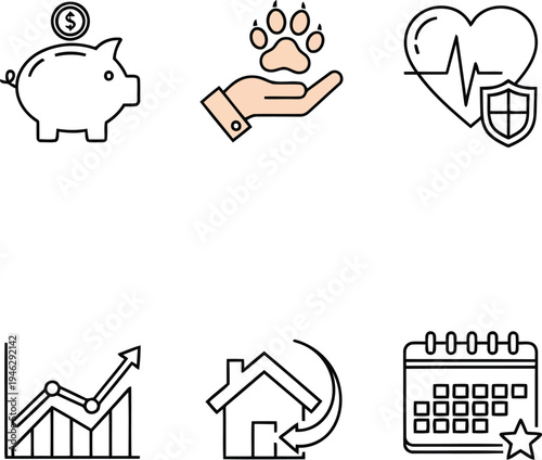 Personal Finance and Planning Icon Set Featuring Piggy Bank, Pet Care, Heart Health, and Real Estate