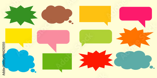 A simple design set of colorful message comment chat boxes. A collection of comic and social media speech bubbles, text boxes, and chat boxes. A vector set of comic and social media speech bubbles.